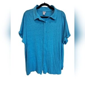 CHICO'S XL 100% Linen Aqua Blue Short Sleeve Button Down Blouse
